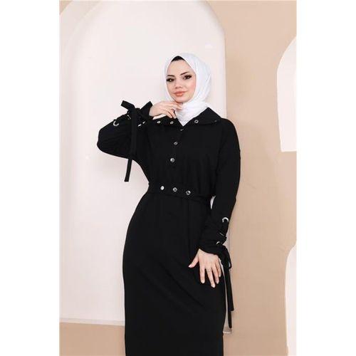 Belden Bağlamalı Çıtçıtlı Kol Şerit Detaylı Uzun Elbise - 71183.003 - Siyah