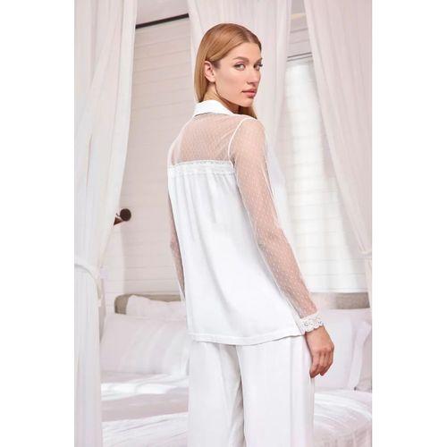 Dantelli Ve Tüllü Uzun Kollu Önü Düğmeli Saten Pijama Takımı