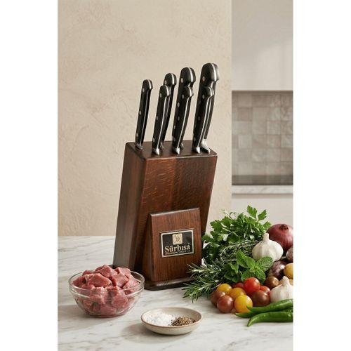 Sürmene Şef Mutfak Bıçak Seti Eskitme Ahşap Kütüklü Standlı Sıcak Dövme Bıçağı Set 7 Parça Sürbisa 61509