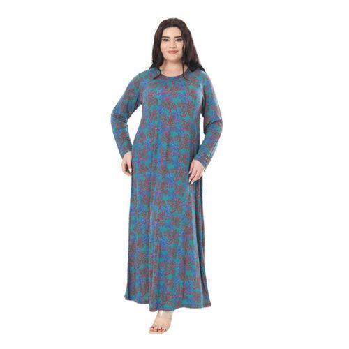 Melsay Butik Mavi Kırmızı Mercan Desen Uzun Kollu Kadın Elbise