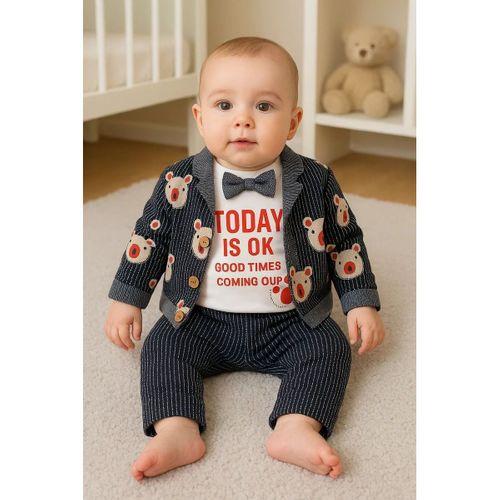 Papyonlu Bear Çizgili Model Ceketli 3'lü Erkek Bebek Takımı