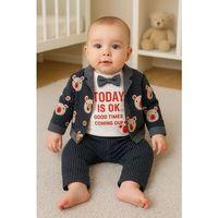 Papyonlu Bear Çizgili Model Ceketli 3'lü Erkek Bebek Takımı