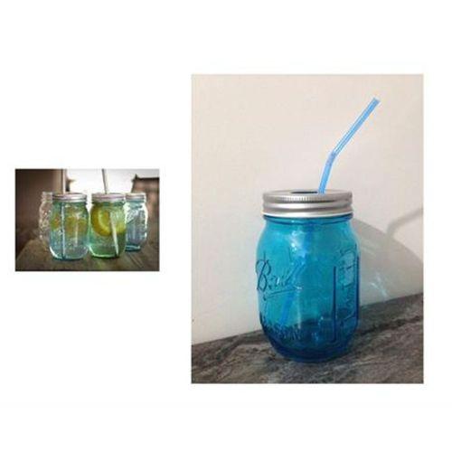 Pipetli Cam Kupa Bardak,Mavi 8X8X10Cm 420Ml