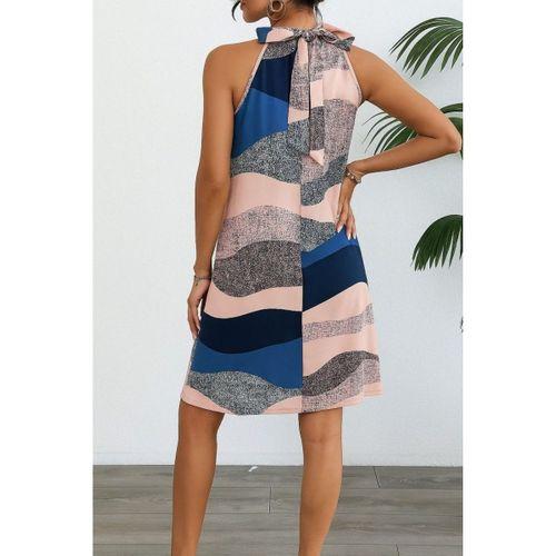 Kadın Kolsuz Boyundan Askılı Desenli Midi Süprem Elbise