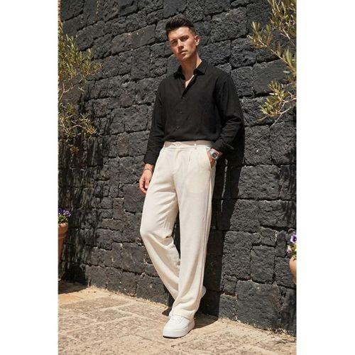 Baruchel Pileli Baggy Kalıp Kumaş Erkek Pantolon - Ekru