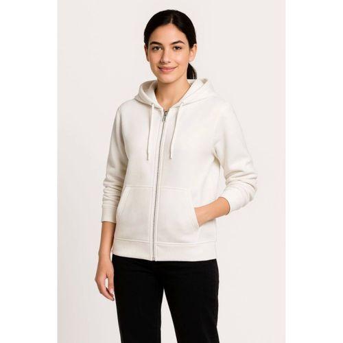 Üç İplik Kapüşonlu Tam Fermuarlı Kanguru Çepli SweatShirt Hoodie - Beyaz