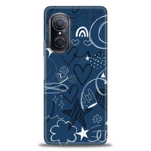 Huawei Nova 9 SE Kılıf HD Baskılı Kılıf - Notalar ve Kalpler Mavi + Tam Ekran Koruyucu
