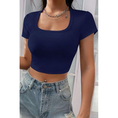 Kadın Lacivert Yarım Kol Düz Yaka Crop Top Bluz