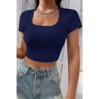 Kadın Lacivert Yarım Kol Düz Yaka Crop Top Bluz