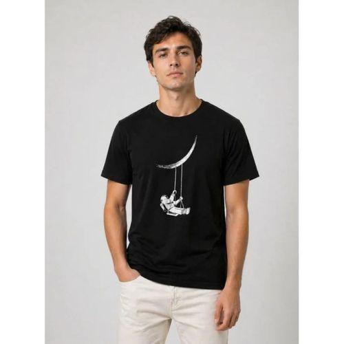 Erkek Astronot Ay Temalı Tişört Kısa Kol Yazlık Bisiklet Yaka T-Shirt - Siyah