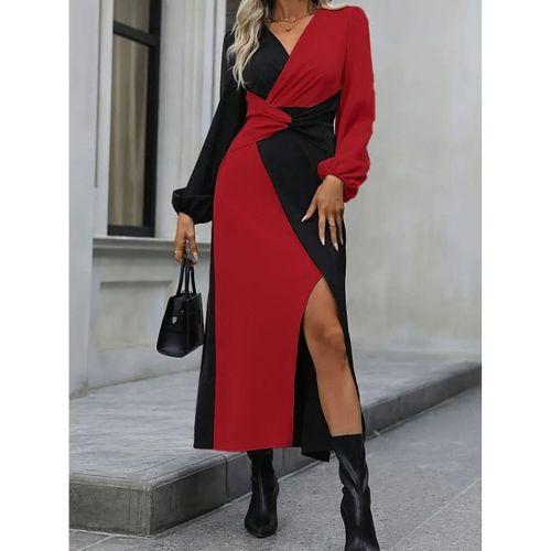 Kadın Uzun Kollu Kruvaze Yakalı Belden çapraz Detaylı çift Renkli Midi Ithal Krep Elbise