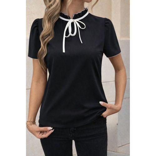 Kadın Kısa Kollu Yakası Fırfırlı Bağcıklı Janjan Krep Bluz