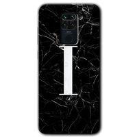 Xiaomi Redmi Note 9 Kılıf Kapak - Siyah Mermer Desenli I Harfi +Hayalet Ekran Yandan Gözükmez