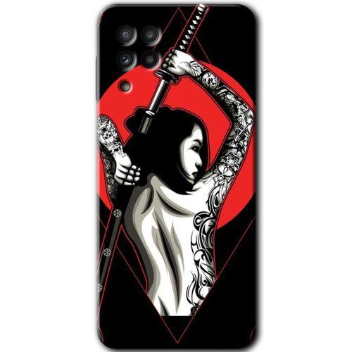MRCİLETİSİM Samsung Galaxy M22 Kılıf HD Desen Baskılı Arka Kapak + Temperli Cam - Samurai Girl