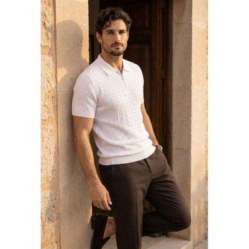 Burke Saç Örgü Yarım Fermuarlı Kısa Kollu İnce Triko Erkek T-Shirt - Ekru