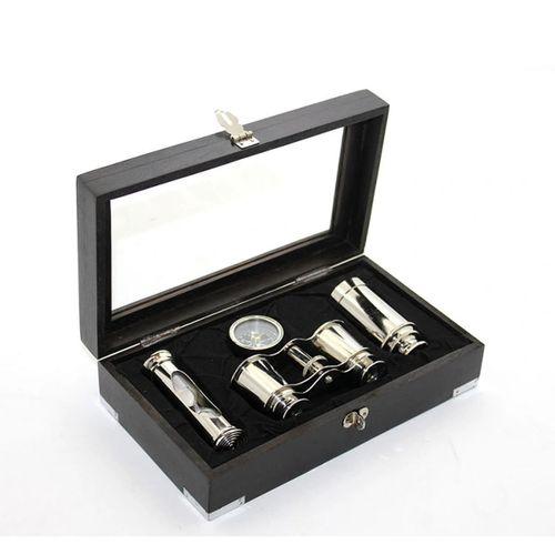 Ahşap Kutulu Pirinç Dürbün Pusula Ve Kum Saati Seti