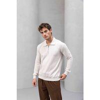 Eric Relax Fit Yarım Fermuarlı Polo Yaka Selanik Kumaş Erkek Sweatshirt - Taş