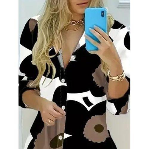 Kadın Yakalı önden Düğmeli çiçek Desenli Uzun Süprem Elbise