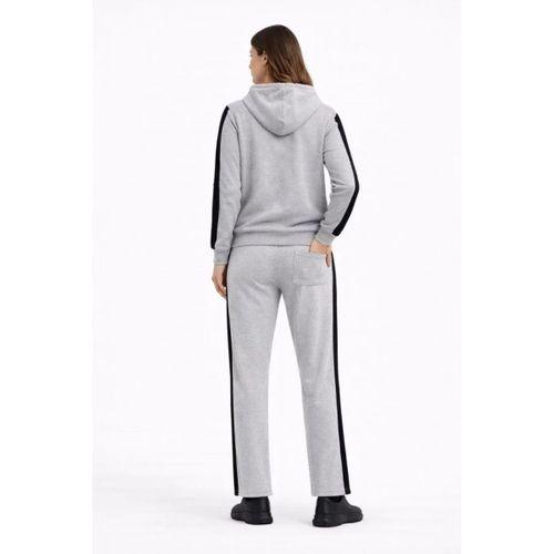 KADIN Yandan Şeritli Eşofman Takım Kapüşonlu Sweatshirt Boru Paça Alt, Oversize 3 Iplik Pamuklu - Gri