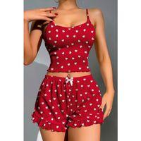 Pamuklu Kırmızı Üstüne Beyaz Kalp Desen Fitilli Askılı Şortlu Pijama Takımı