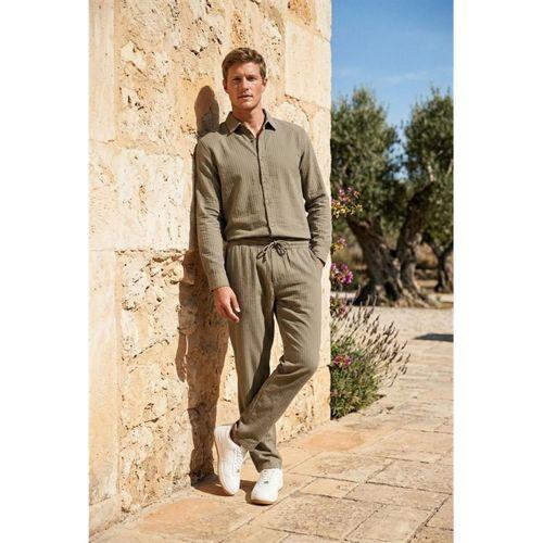 Calvert Tensel Pamuk Kumaş Çizgili Relaxed Fit Erkek Pantolon - Avcı Yeşili