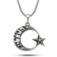 Gümüş Göktürkçe Yazılı Ay Yıldız Erkek Kolye