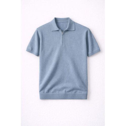 Linus Fermuarlı Polo Yaka Kısa Kollu İnce Triko Erkek T-Shirt - Soğuk Mavi