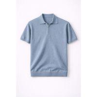 Linus Fermuarlı Polo Yaka Kısa Kollu İnce Triko Erkek T-Shirt - Soğuk Mavi