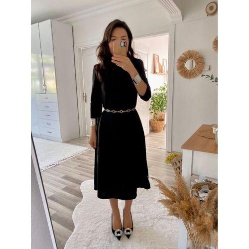 Kadın Uzun Truvakar Kol Bisiklet Yaka Midi Modal Elbise