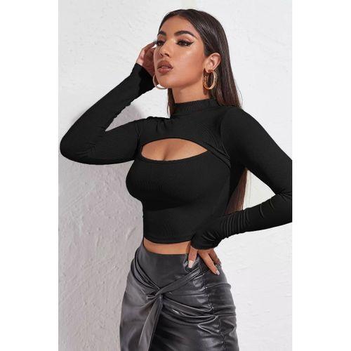 Kadın Siyah Göğüs Dekolteli Uzun Kollu Cut Out Crop Top Bluz