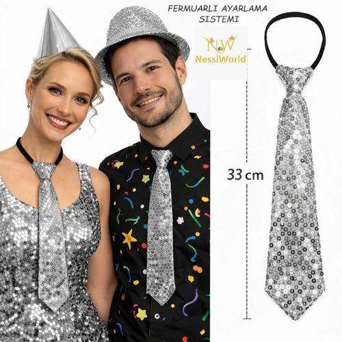 Gümüş Renk Pul Payetli Işıltılı Parti Kravatı 33 cm