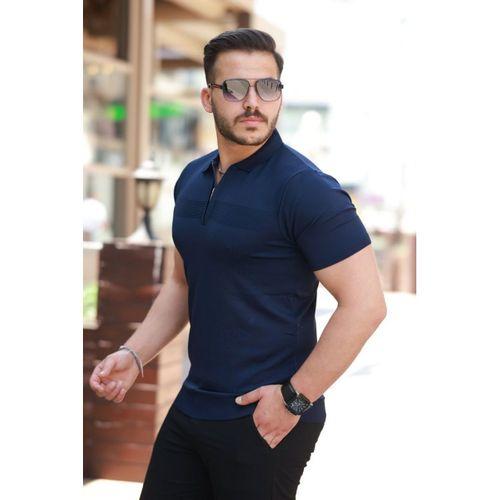 Erkek Göğüs Pirinç Desenli Fermuar Yakalı Kısa Kollu Tişört