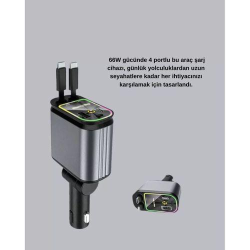 Araç Şarj Cihazı 4 Portlu 66w Hızlı Şarjlı Led Işıklı Ve 180° Dönebilir