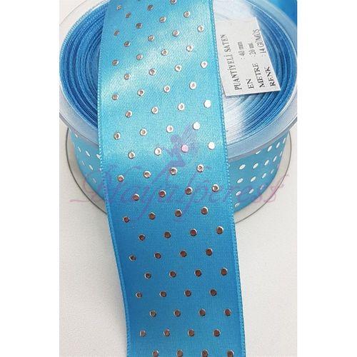 Turkuaz Gümüş Puantiyeli Saten Kurdele 4Cm