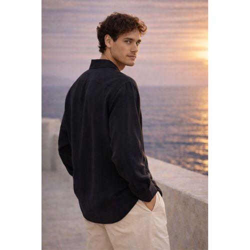 Baldwin Apaş Yaka Britli 3 Düğmeli İnce Modal Kumaş Oversize Uzun Kollu Yazlık Erkek Gömlek - Siyah