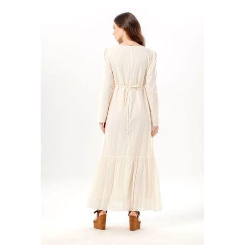 Uzun Kol Zühre Nakış Detaylı Bağcık Yaka Cepli Vual Uzun Elbise Krem Krm