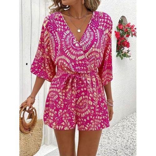 Kadın Kısa Kollu Kruvaze Yakalı Belden Kuşaklı Desenli Kısa Süprem Tulum