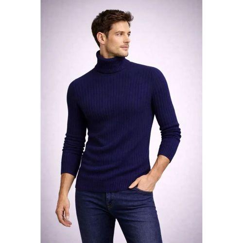 Erkek Balıkcı Yaka Bağazlı Triko Kazak Pamuklu Kalın Fitilli Dokuma, Regular Fit Uzun Kollu Kışlık Model - Lacivert