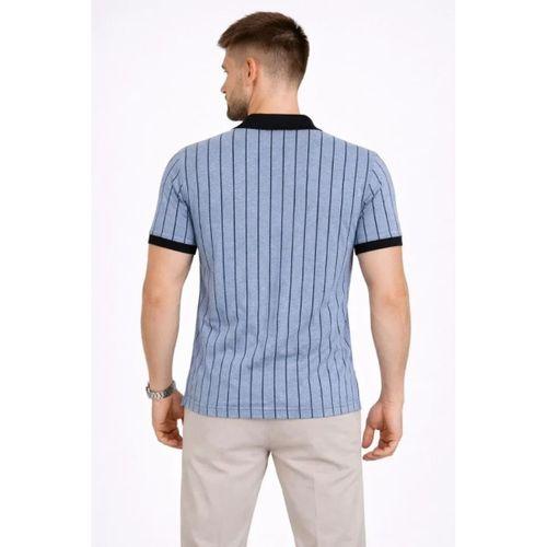 Erkek Polo Yaka Çizgili Tişört Kısa Kol Düğmeli Yazlık T-Shirt - Bebek Mavisi