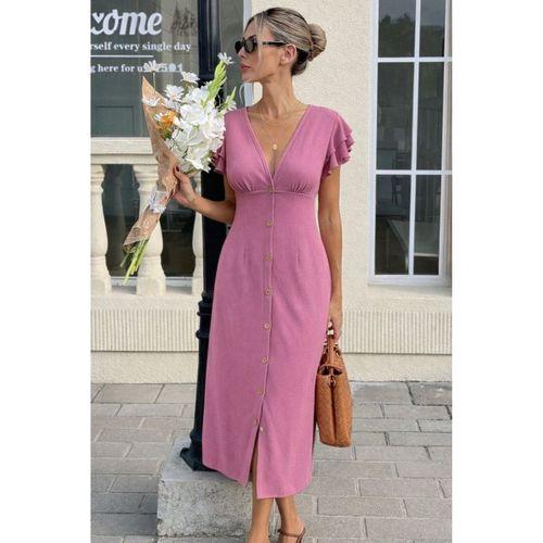 Kadın Kısa Kollu V Yakalı önden Düğmeli Bürümcük Midi Elbise