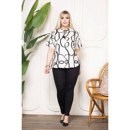 Desenli Püsküllü Viskon Bluz Bebe Yaka Kısa Kollu Big Size Rahat Kesim - Desenli