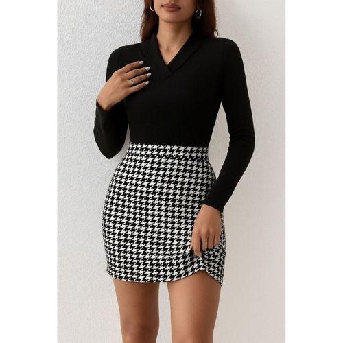 Kadın Uzun Kollu V Yakalı Kaz Ayağı Desenli şardonlu Dalgıç Elbise