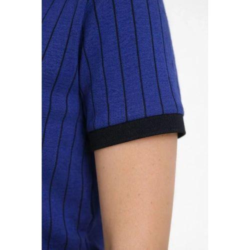 Polo Yaka Çizgili Tişört Kısa Kol Düğmeli Yazlık T-Shirt - Saks Mavisi