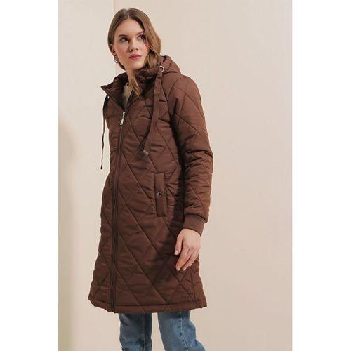5138 Kapitone Uzun Şişme Mont - Kahverengi