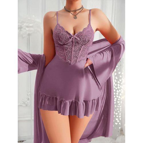 Özel Tasarım Dantel İşlemeli Fırfırlı Sabahlıklı 2'li Mor Gecelik Takımı