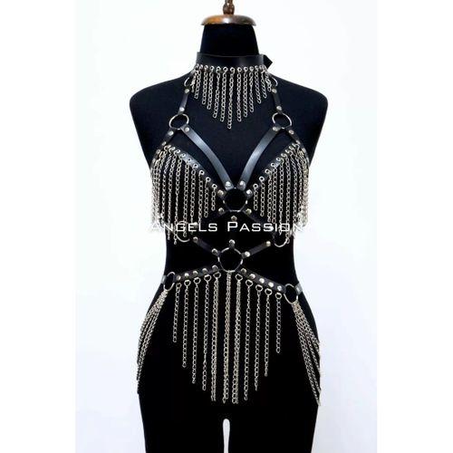 Zincirli Deri Harness, Deri Dansçı Kostüm, Choker Detaylı Deri Harness - Brf1397