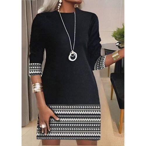 Kadın Uzun Kollu Bisiklet Yaka Kol Ağzı Ve Etek Ucu Baskılı Iki Iplik Elbise