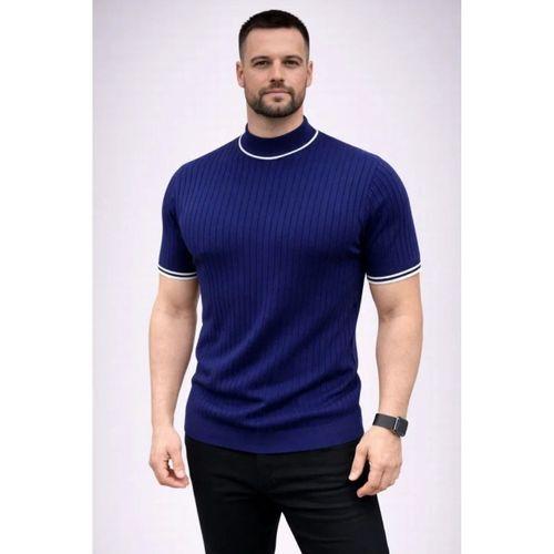 Erkek Fitilli Triko Dokuma Kısa Kol Tişört Yarım Boğaz Modern Yazlık T-Shirt - Lacivert