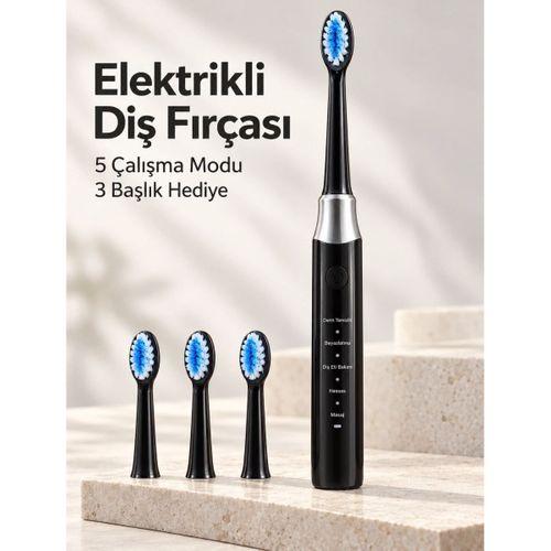 Hassas Ve Masaj Modlu Siyah Elektrikli Diş Fırçası Usb Şarjlı 3 Başlık Hediyeli