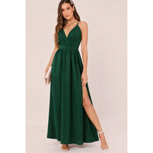 Kadın Ip Askılı Kruvazeli Yırtmaç Detaylı Yerli Krep Uzun Elbise